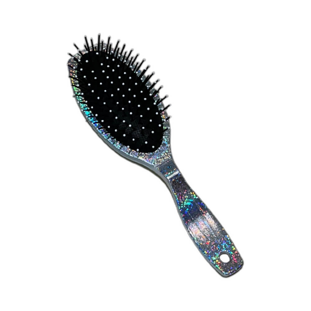 Escova de cabelo almofadada oval Marilú Feshiom 4250 prateada holográfica